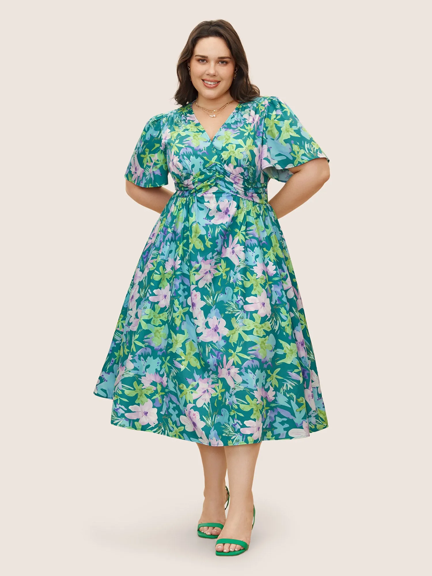 Floral Print Pleated Ruffle Sleeve Dress sold by Bloomchic
