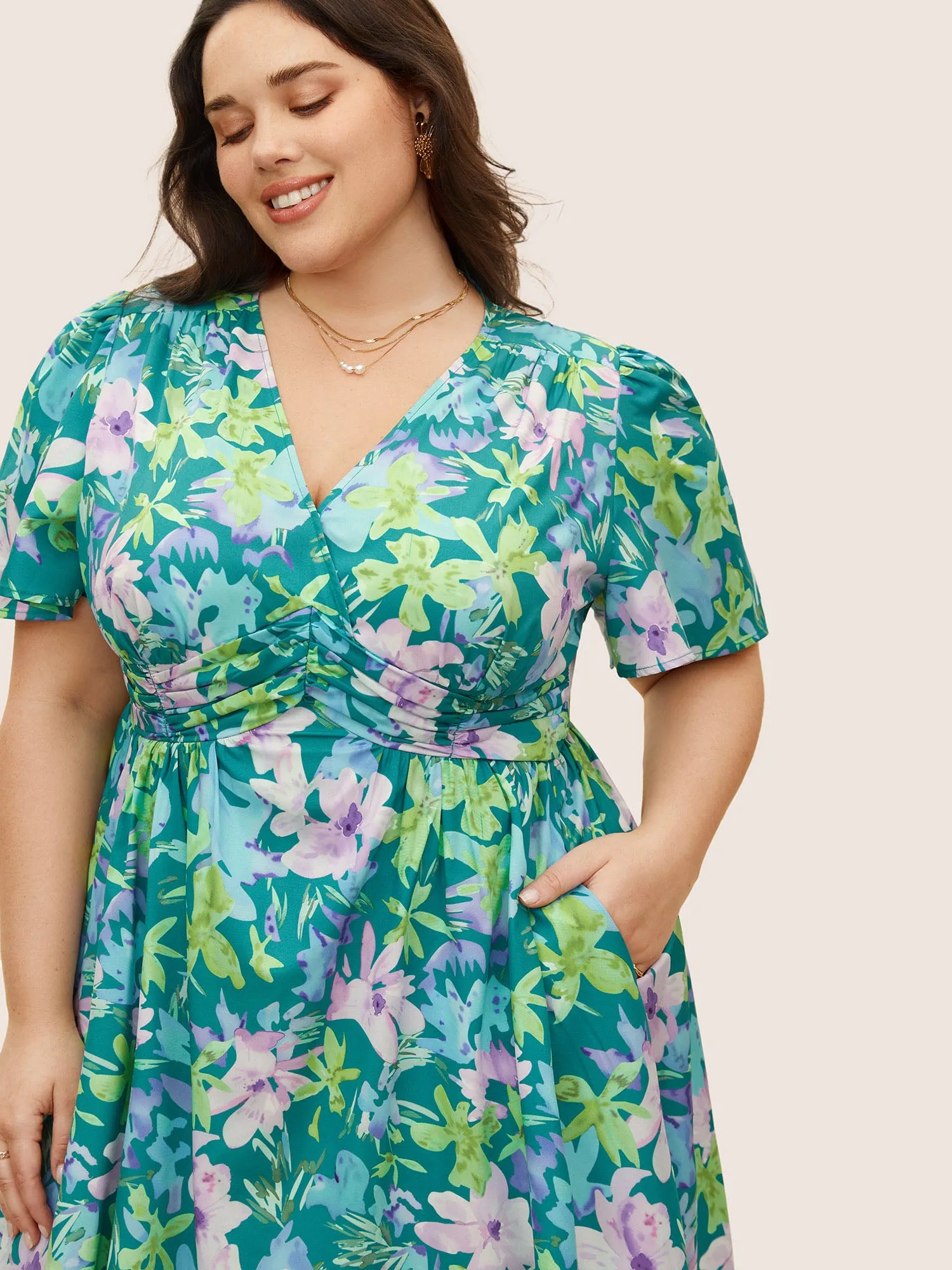 Floral Print Pleated Ruffle Sleeve Dress sold by Bloomchic product image thumbnail 4