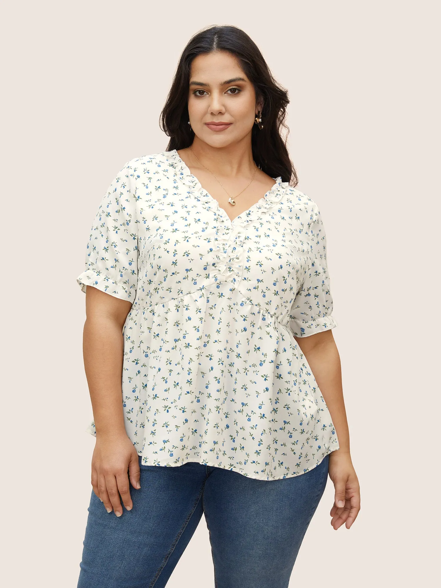 V Neck Ditsy Floral Frill Trim Blouse sold by Bloomchic