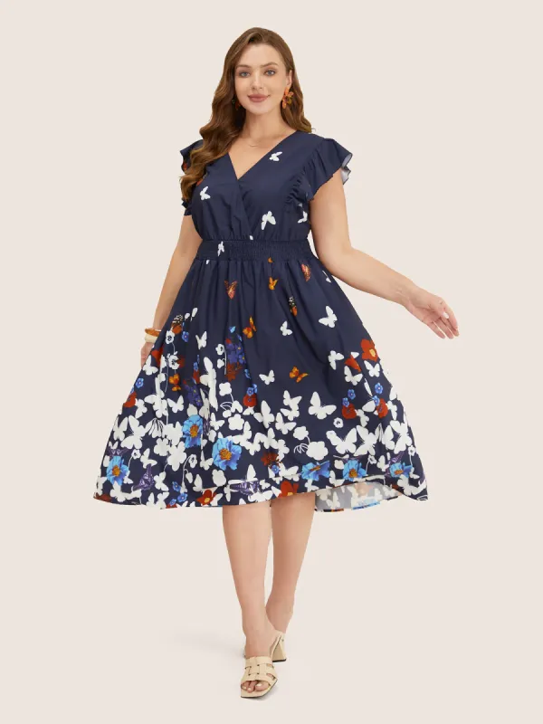Butterfly & Floral Print Shirred Pocket Ruffle Trim Wrap Dress sold by Bloomchic