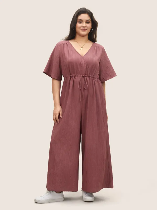 Plain Texture Drawstring Pleated Wrap Jumpsuit sold by Bloomchic