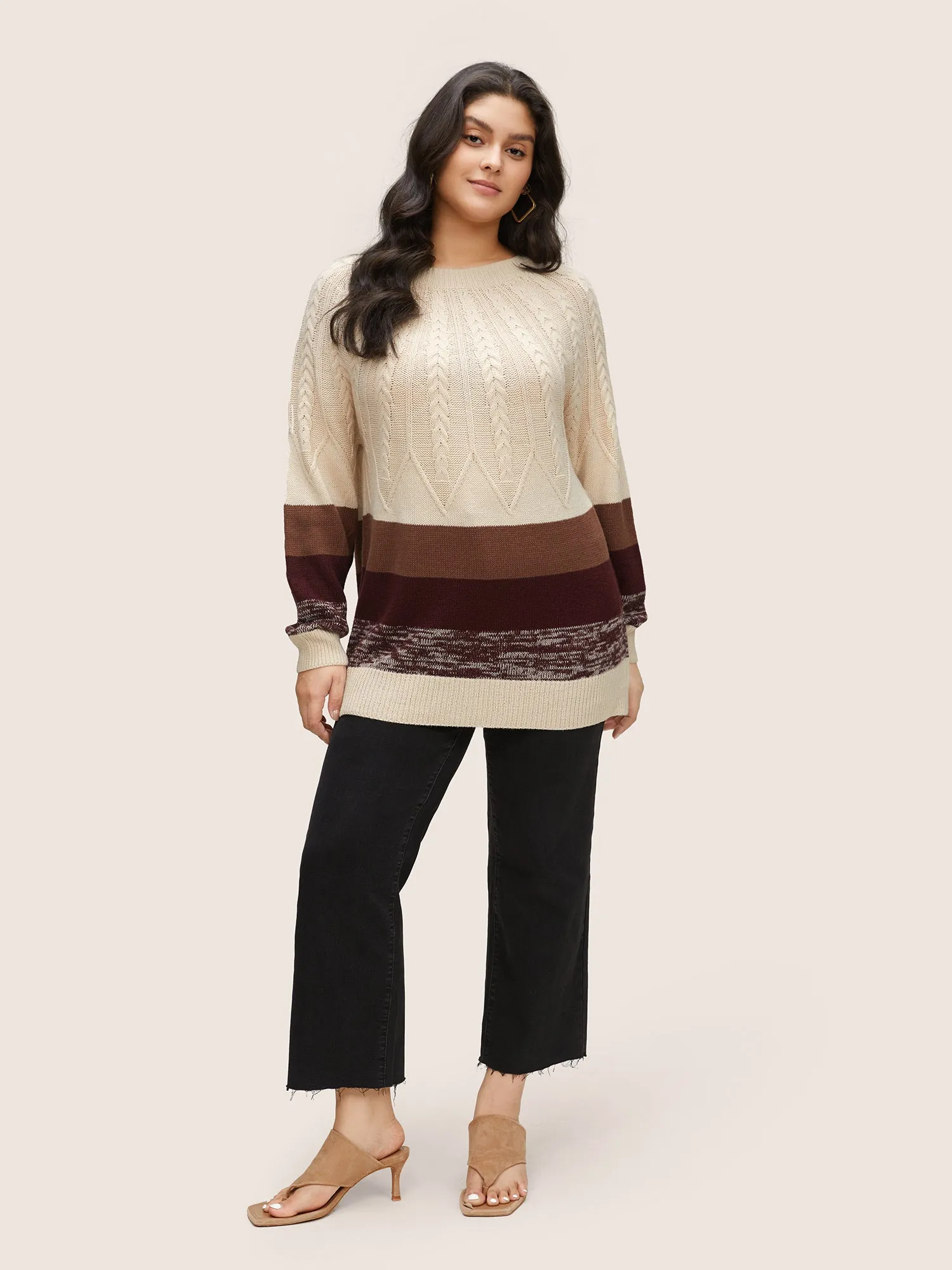 Colorblock Contrast Cable Knit Raglan Sleeve Pullover sold by Bloomchic product image thumbnail 3