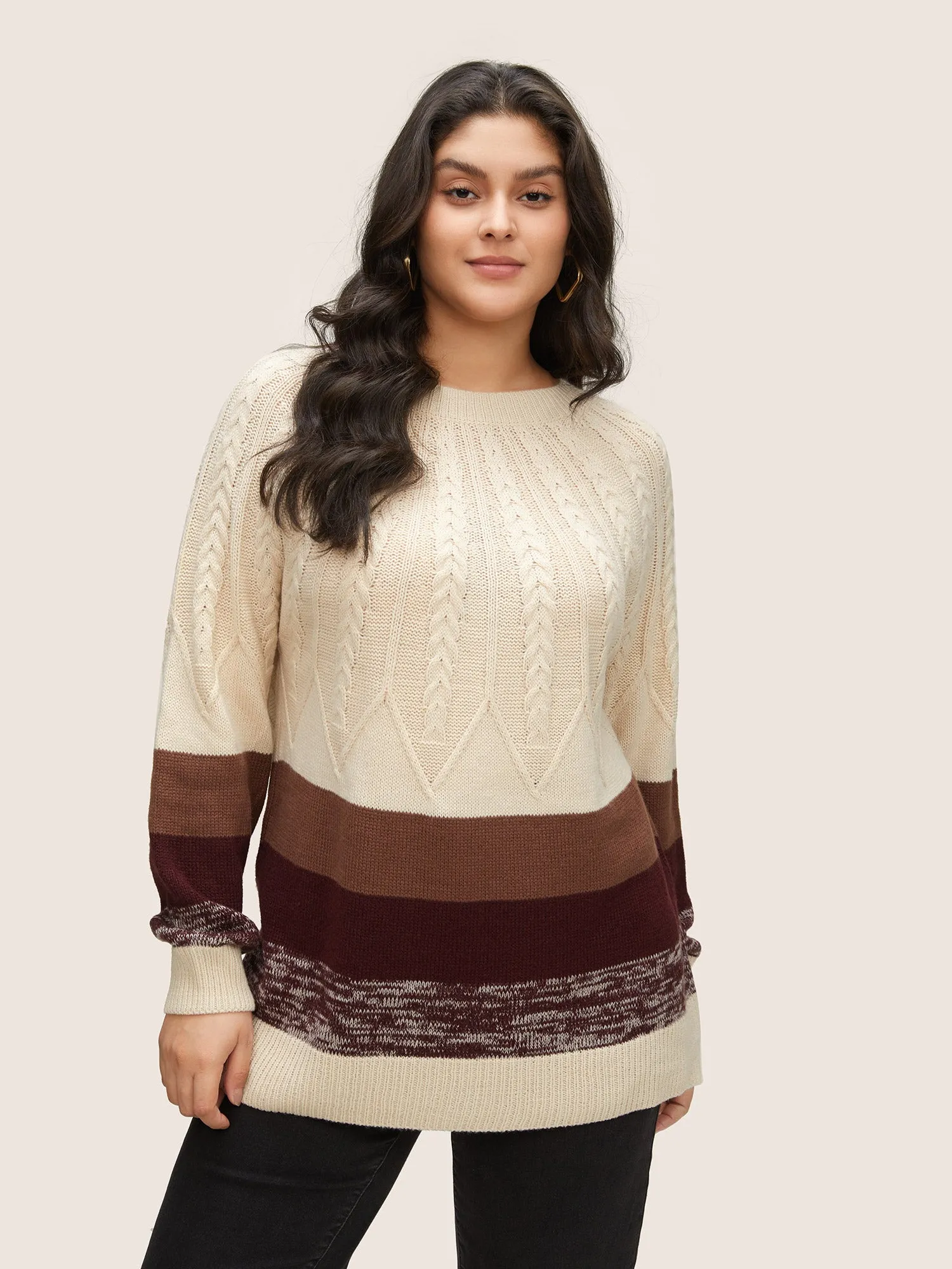 Colorblock Contrast Cable Knit Raglan Sleeve Pullover sold by Bloomchic