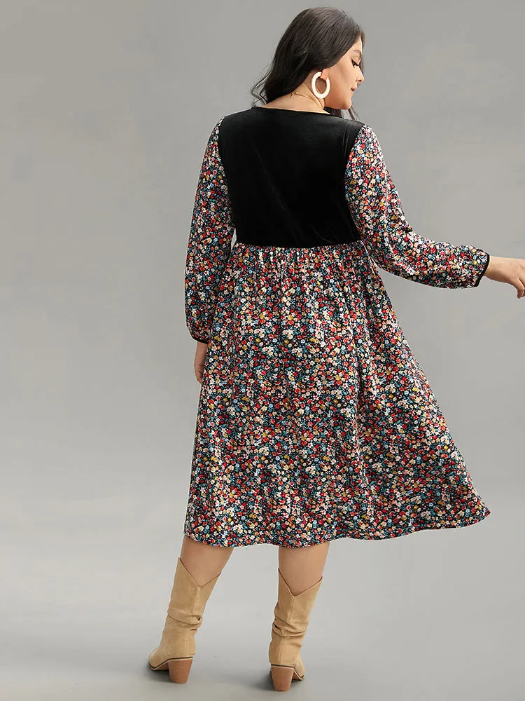 Ditsy Floral Velvet Patchwork Lantern Sleeve Dress sold by Bloomchic product image thumbnail 3
