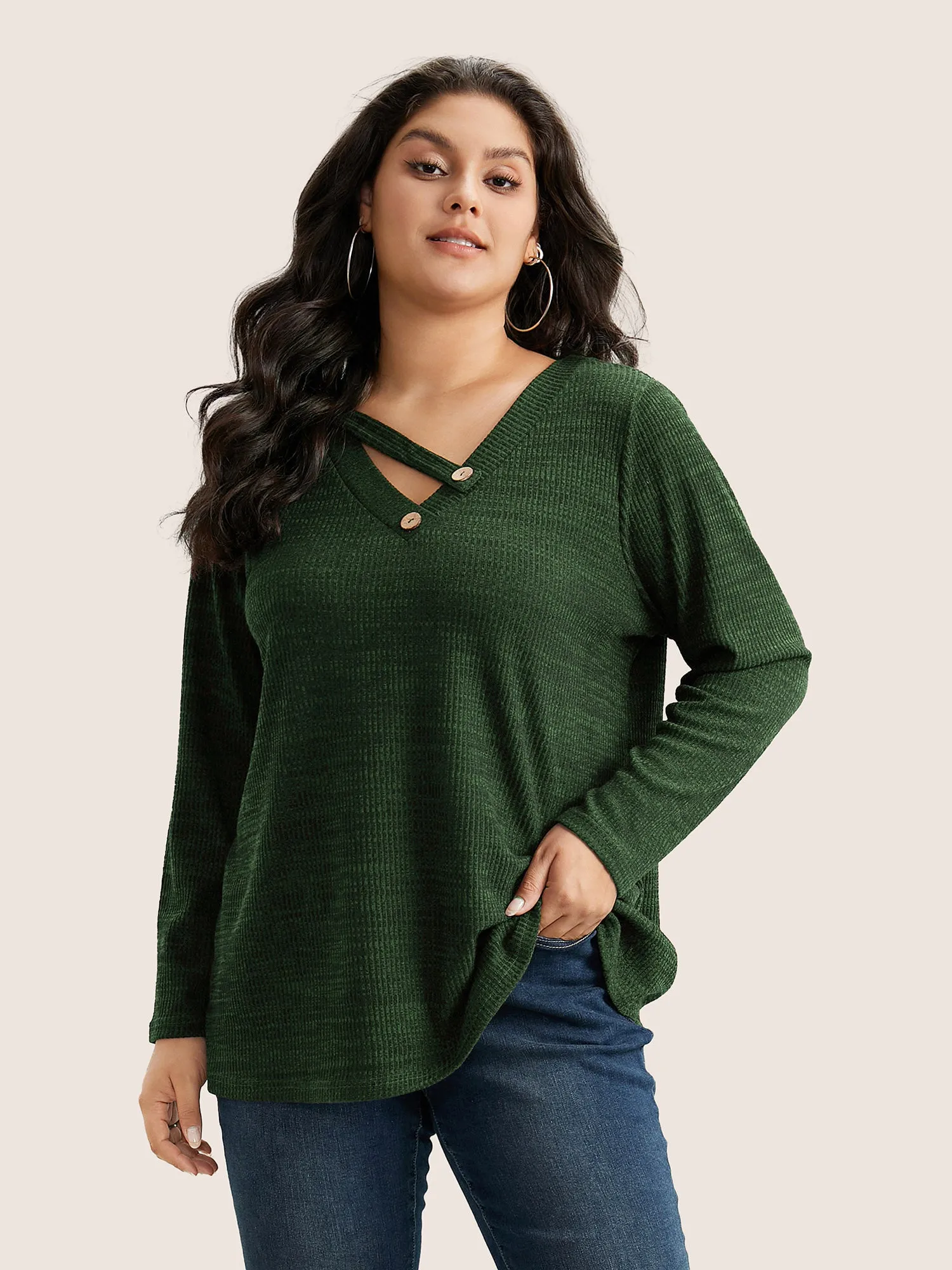 Solid Rib Knit Button Detail T-shirt sold by Bloomchic