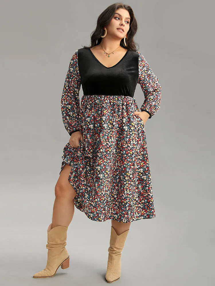 Ditsy Floral Velvet Patchwork Lantern Sleeve Dress sold by Bloomchic product image thumbnail 4