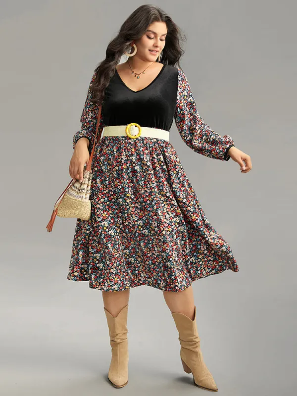 Ditsy Floral Velvet Patchwork Lantern Sleeve Dress sold by Bloomchic