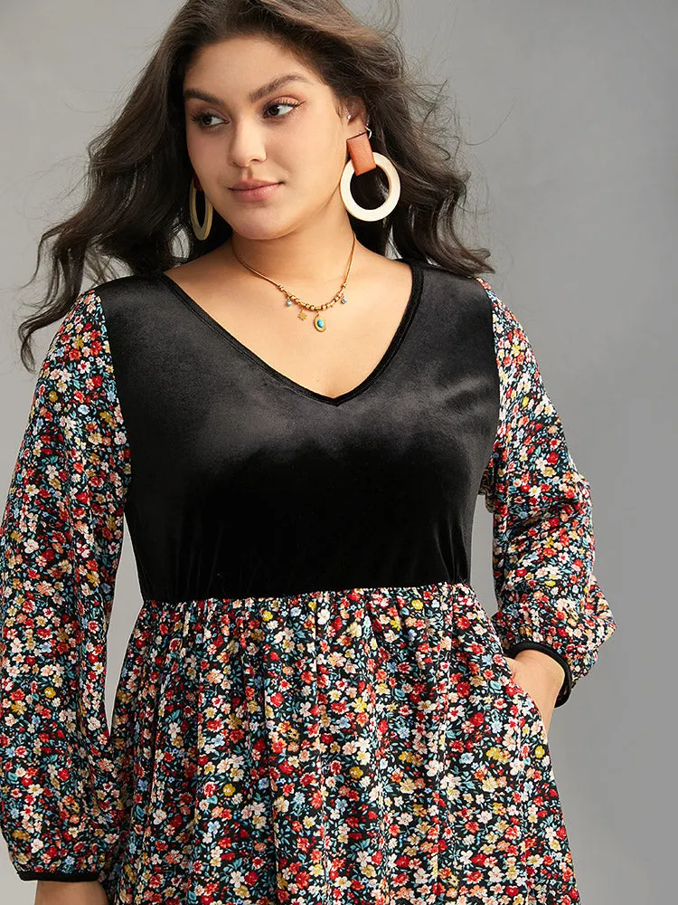 Ditsy Floral Velvet Patchwork Lantern Sleeve Dress sold by Bloomchic product image thumbnail 5