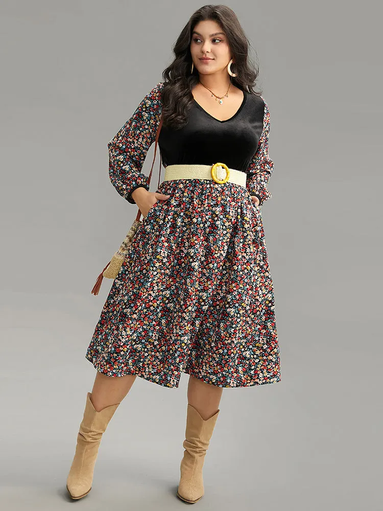 Ditsy Floral Velvet Patchwork Lantern Sleeve Dress sold by Bloomchic product image thumbnail 2