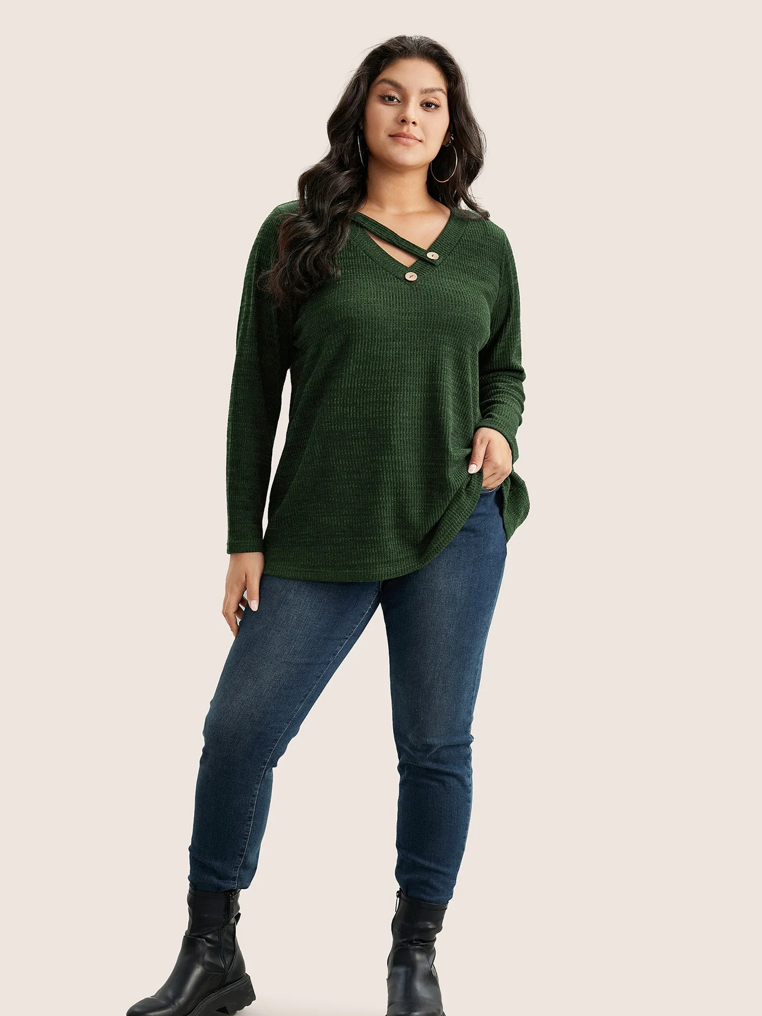 Solid Rib Knit Button Detail T-shirt sold by Bloomchic product image thumbnail 2