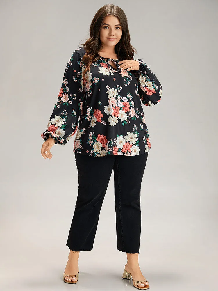 Floral Tie Neck Lantern Sleeve T-shirt sold by Bloomchic product image thumbnail 4