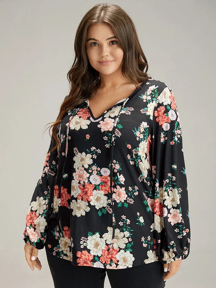 Floral Tie Neck Lantern Sleeve T-shirt sold by Bloomchic