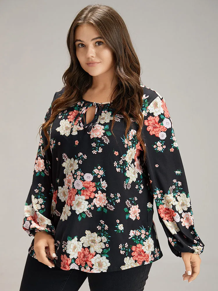 Floral Tie Neck Lantern Sleeve T-shirt sold by Bloomchic product image thumbnail 5