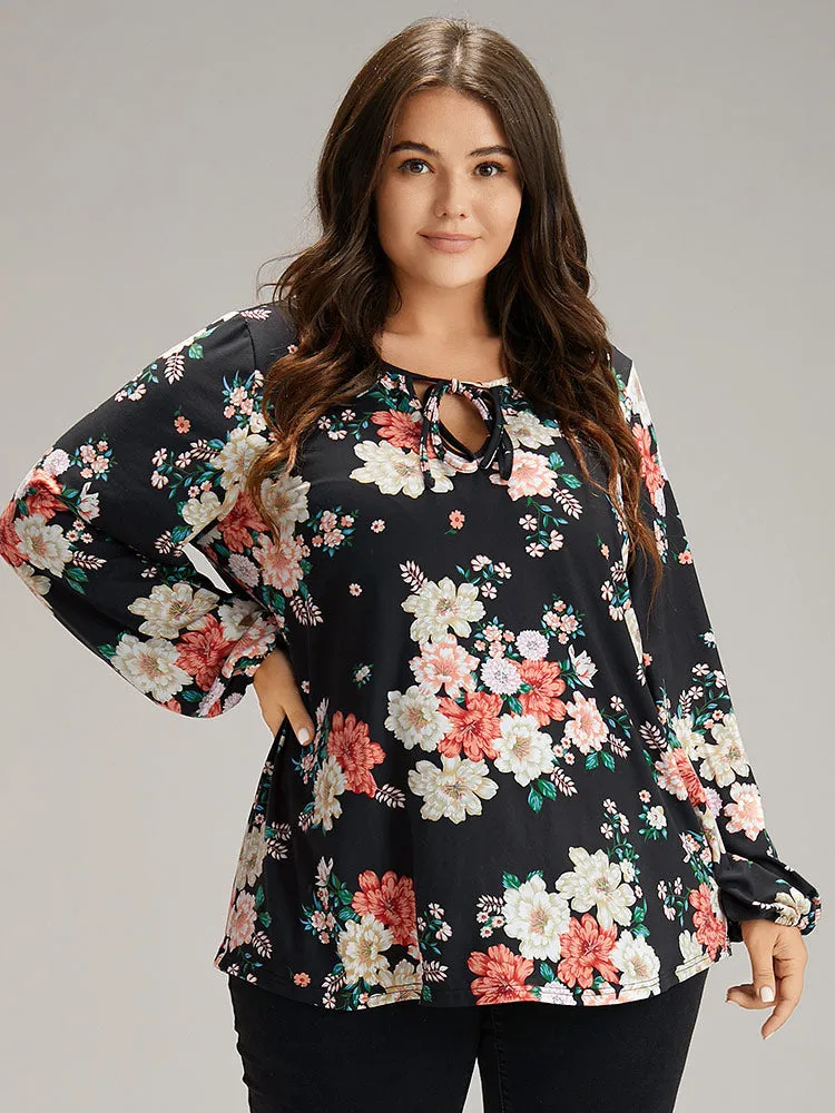 Floral Tie Neck Lantern Sleeve T-shirt sold by Bloomchic product image thumbnail 2