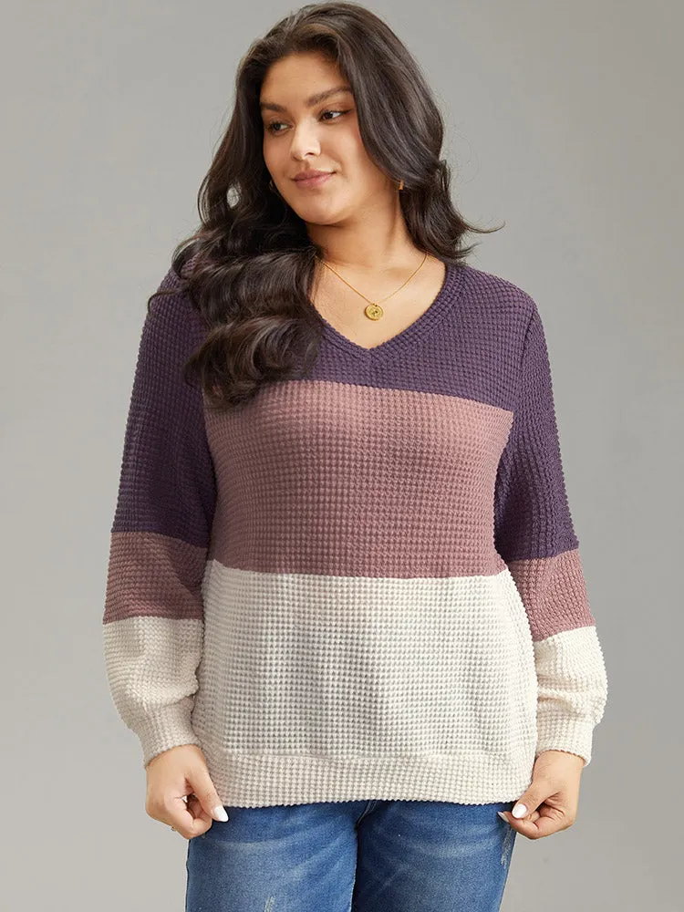 Waffle Knit Colorblock Contrast V Neck T-shirt sold by Bloomchic