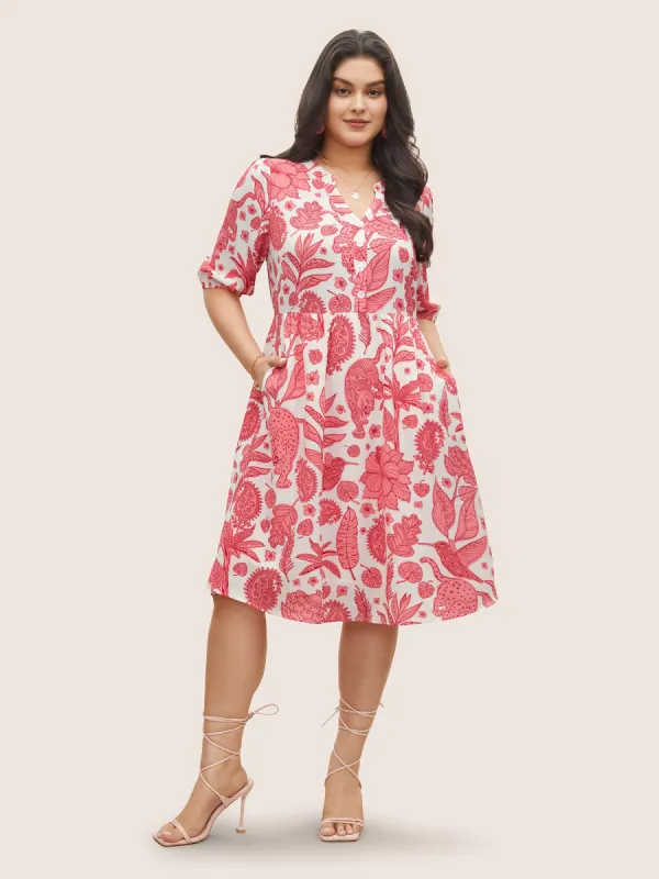 Plants & Animal Print Notched Lantern Sleeve Dress sold by Bloomchic
