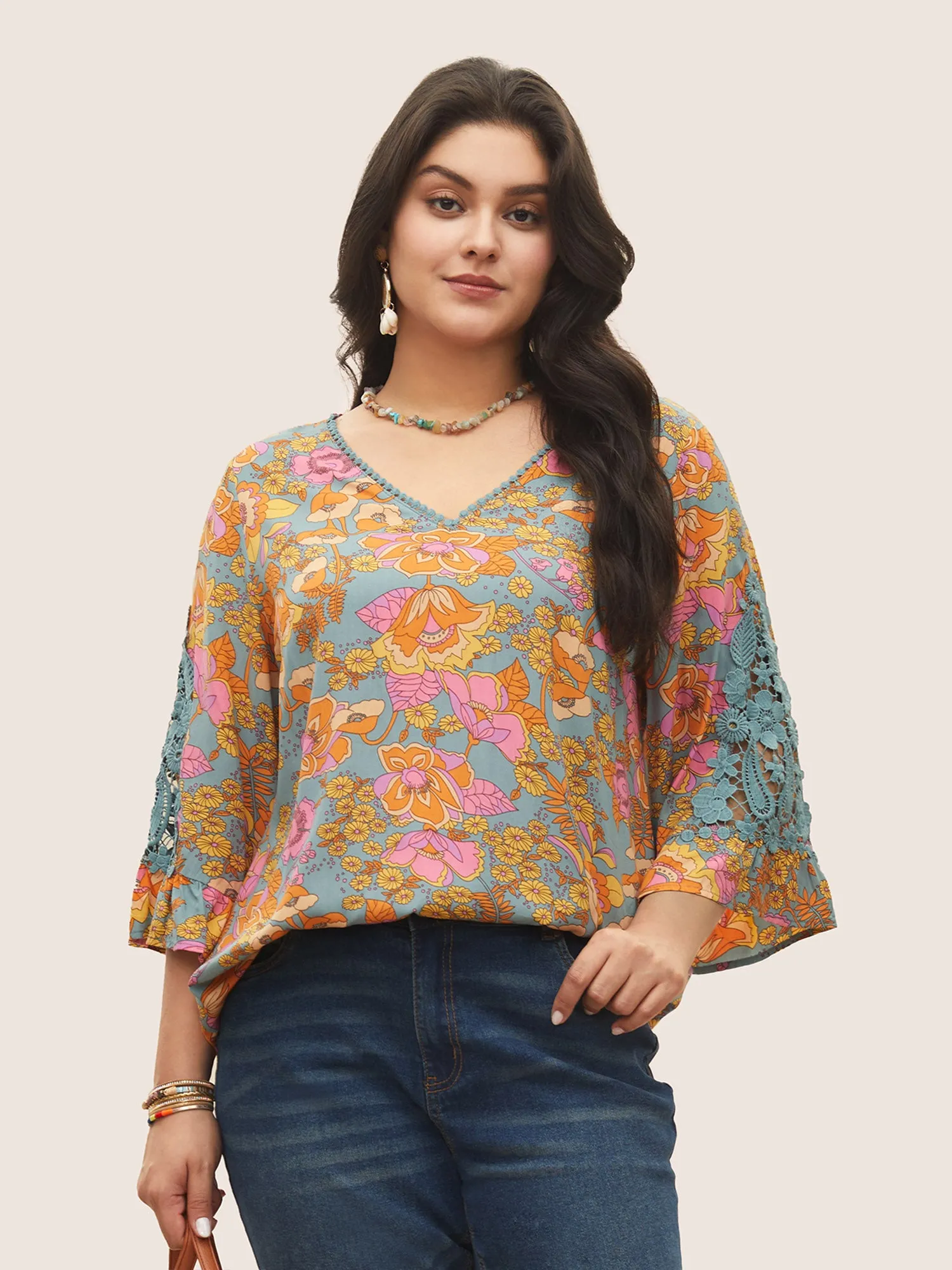 Boho Print Guipure Lace Ruffles Blouse sold by Bloomchic