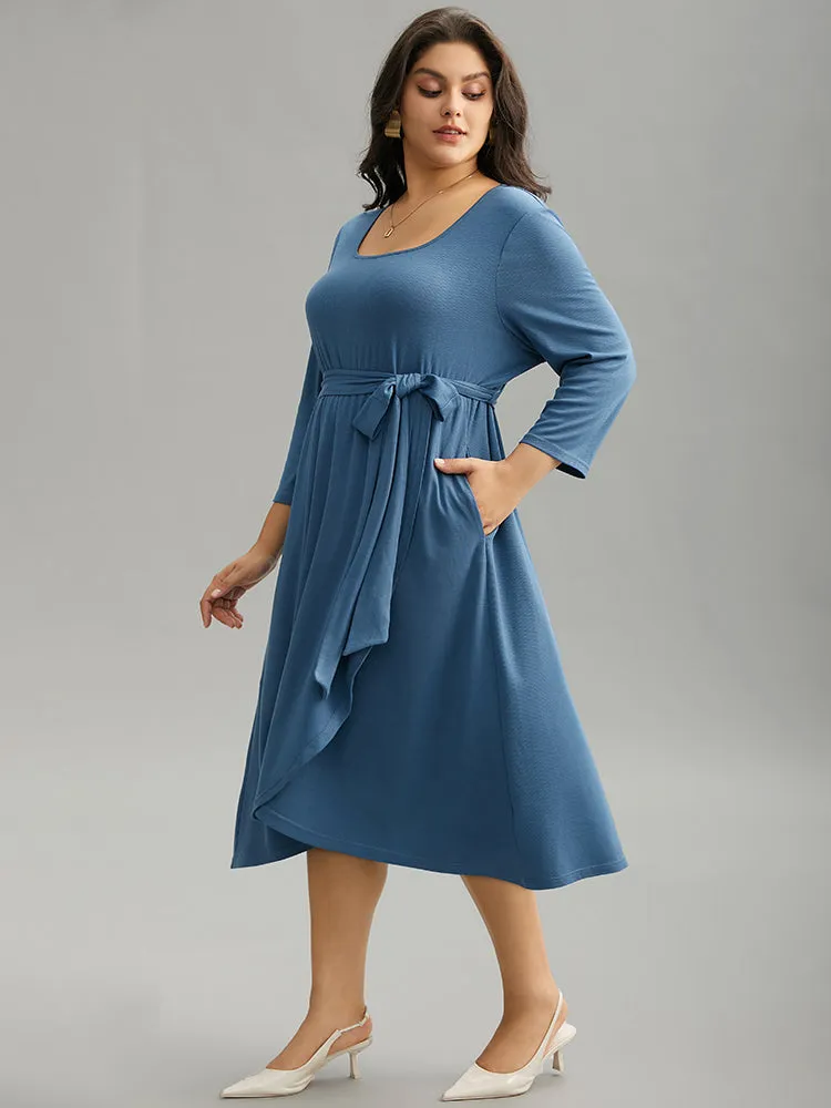 Plain Square Neck Arc Hem Belted Wrap Dress sold by Bloomchic product image thumbnail 4