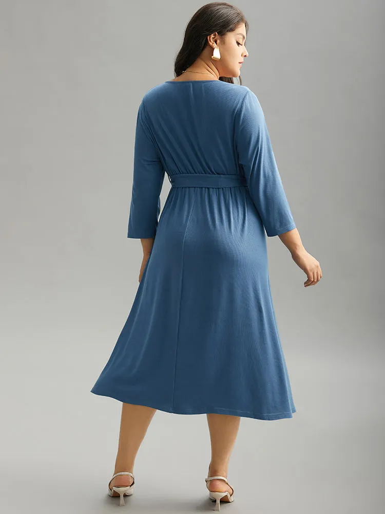 Plain Square Neck Arc Hem Belted Wrap Dress sold by Bloomchic product image thumbnail 5