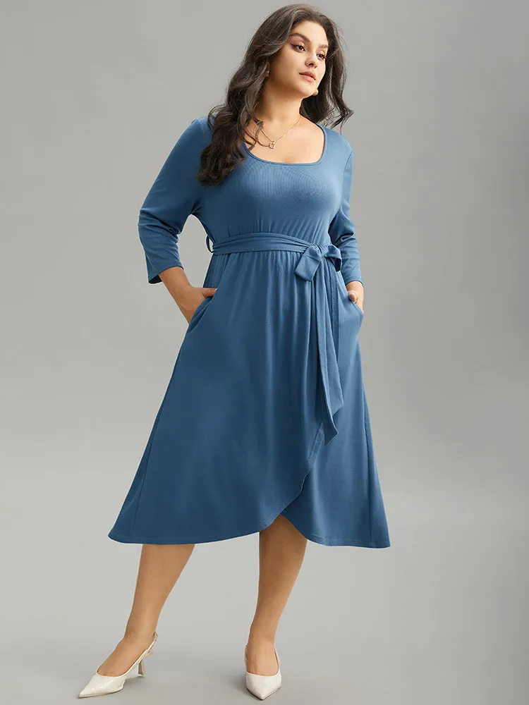 Plain Square Neck Arc Hem Belted Wrap Dress sold by Bloomchic product image thumbnail 3