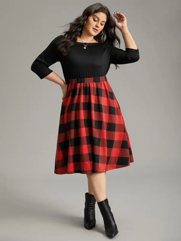 Plaid Pocket Boat Neck Patchwork Dress sold by Bloomchic
