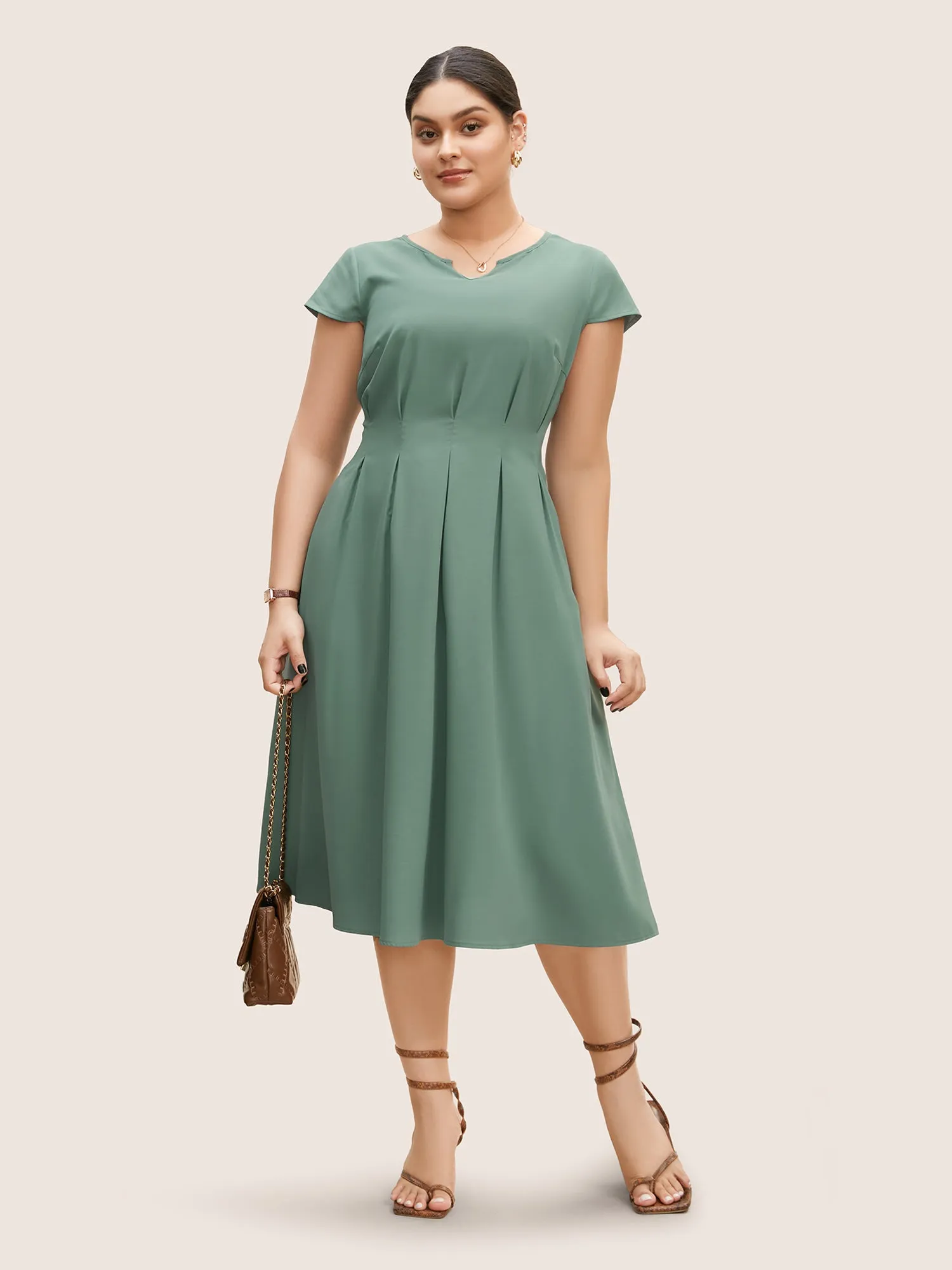 Notched Collar Shirred Pleated Cap Sleeve Dress sold by Bloomchic product image thumbnail 2