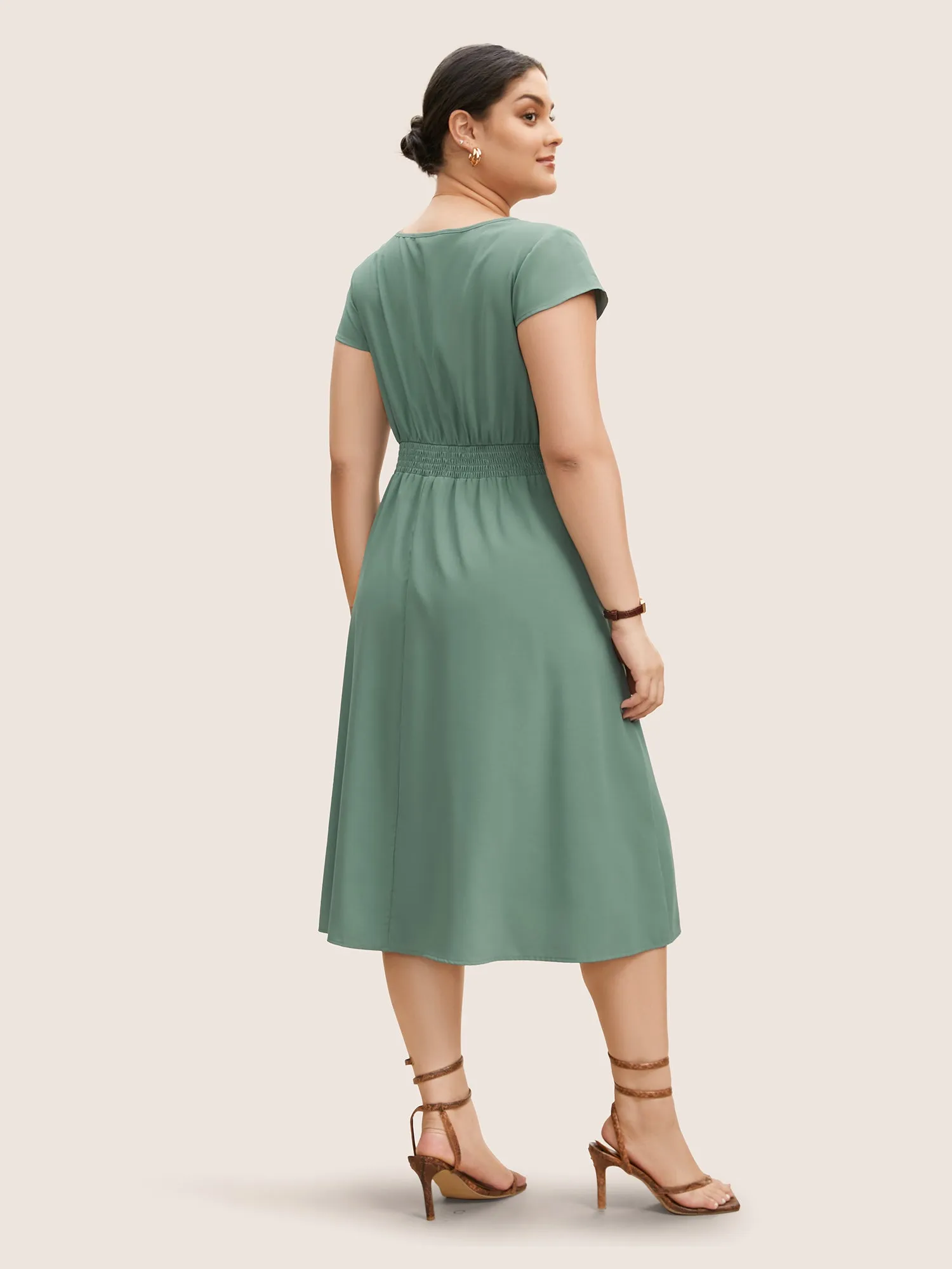 Notched Collar Shirred Pleated Cap Sleeve Dress sold by Bloomchic product image thumbnail 3