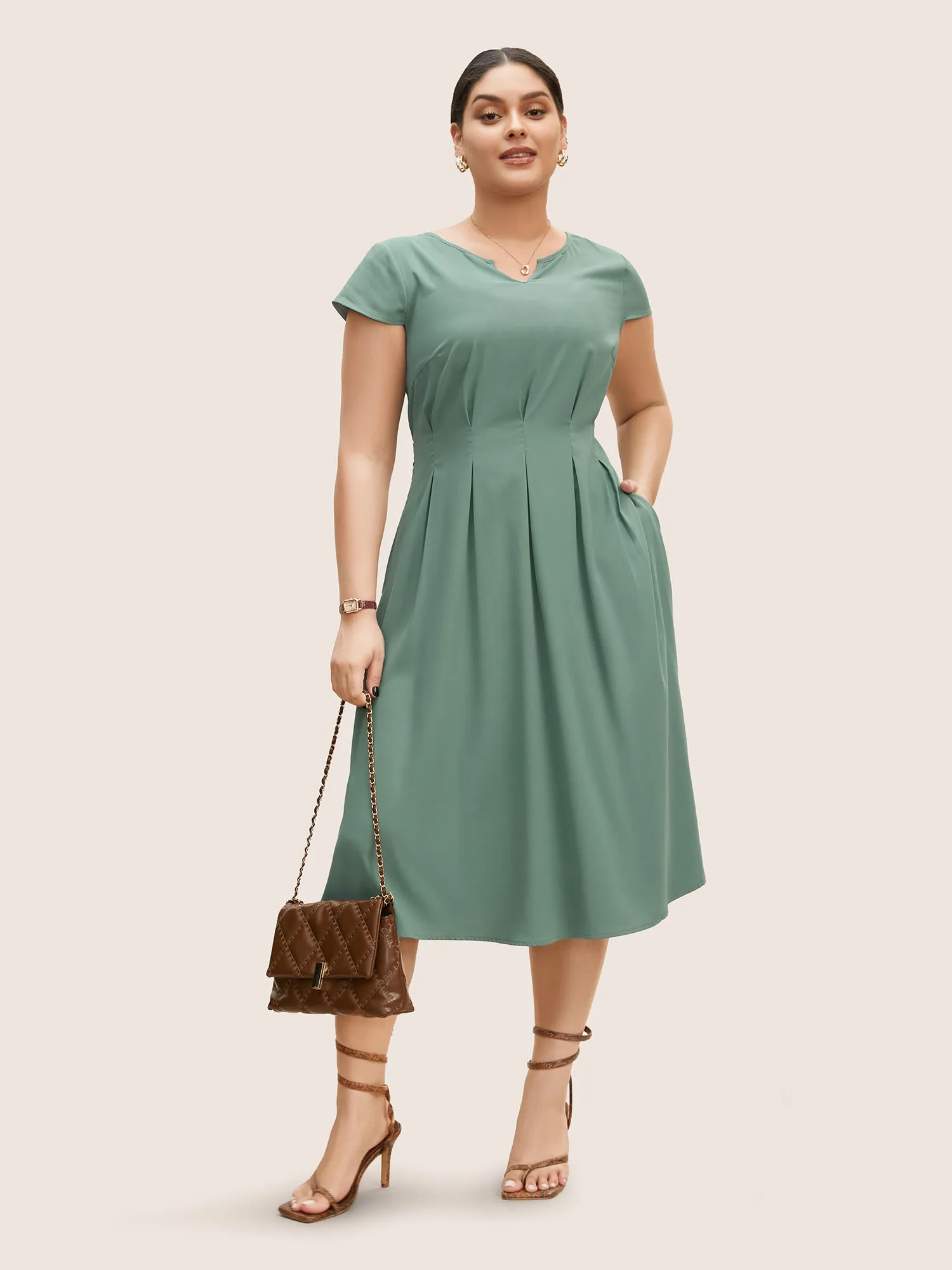 Notched Collar Shirred Pleated Cap Sleeve Dress sold by Bloomchic