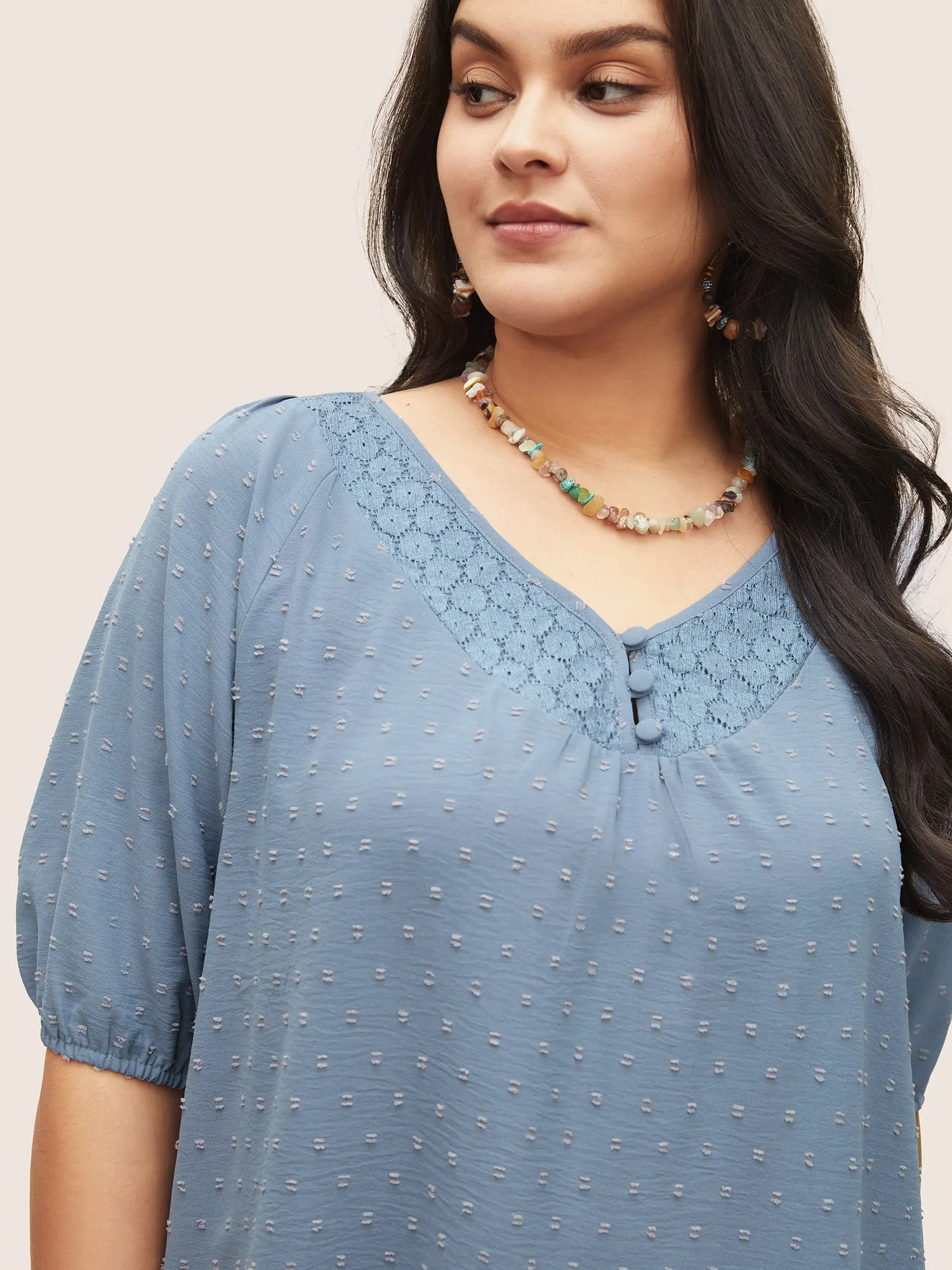 Plain Texture Lace Patchwork Lantern Sleeve Blouse sold by Bloomchic product image thumbnail 3