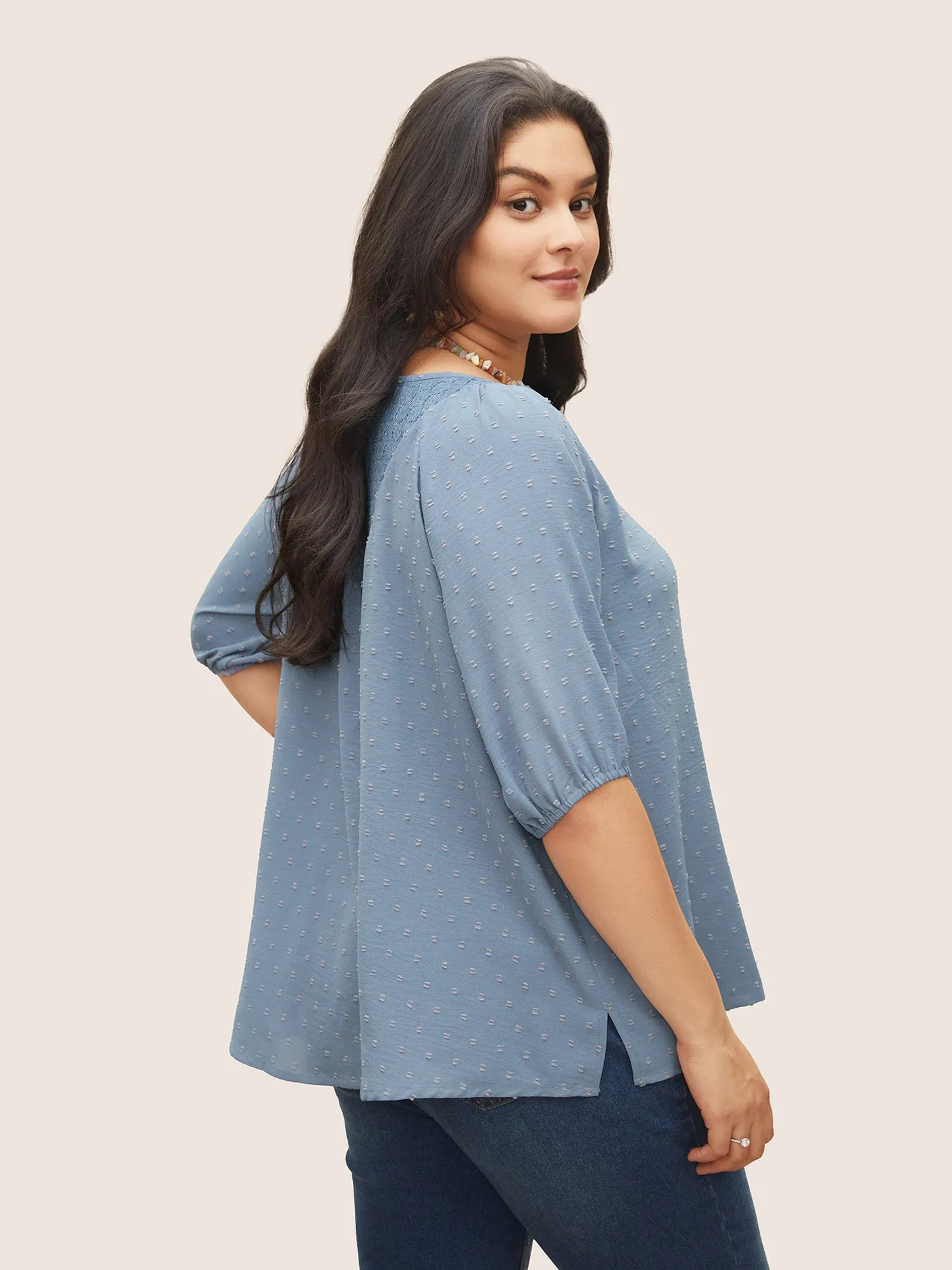 Plain Texture Lace Patchwork Lantern Sleeve Blouse sold by Bloomchic product image thumbnail 4