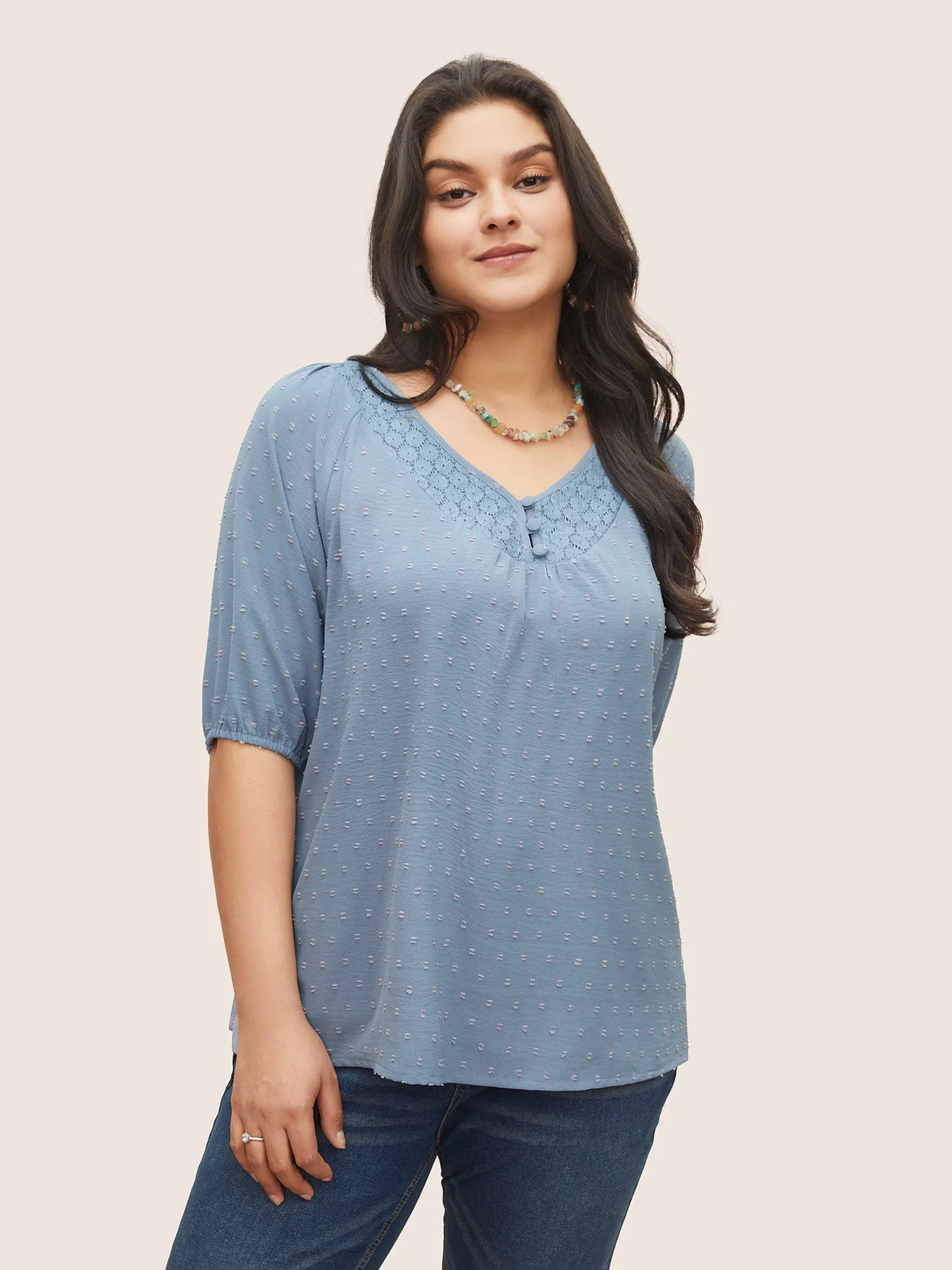 Plain Texture Lace Patchwork Lantern Sleeve Blouse sold by Bloomchic