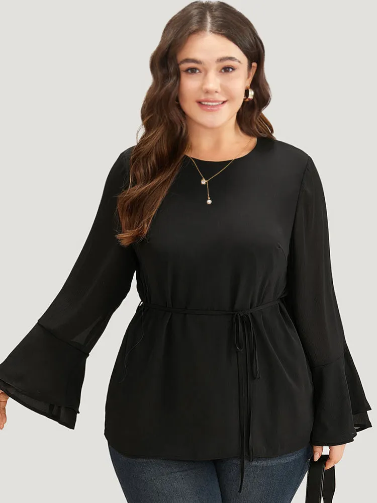 Chiffon Mesh Tiered Bell Sleeve Blouse sold by Bloomchic