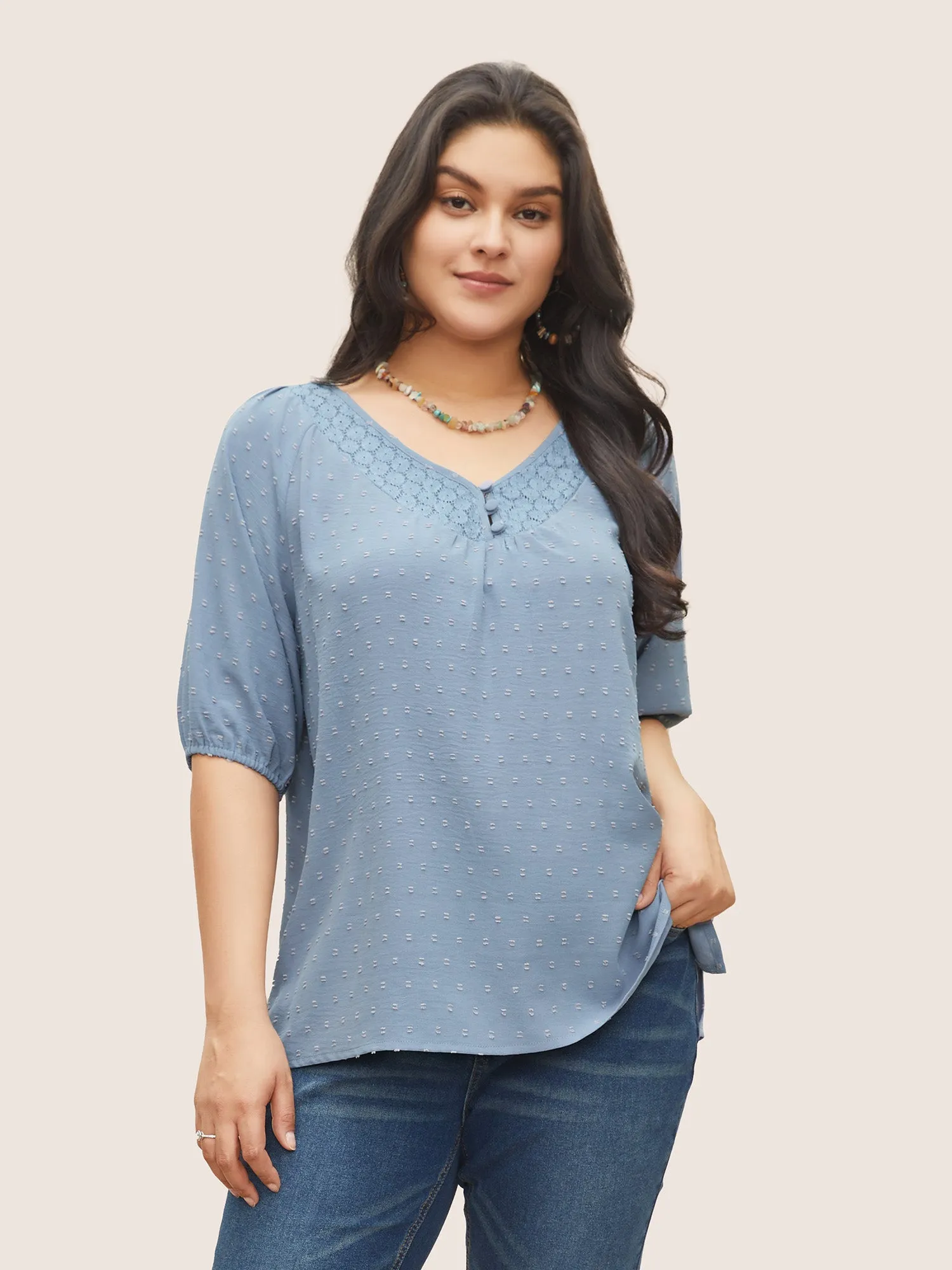 Plain Texture Lace Patchwork Lantern Sleeve Blouse sold by Bloomchic product image thumbnail 5