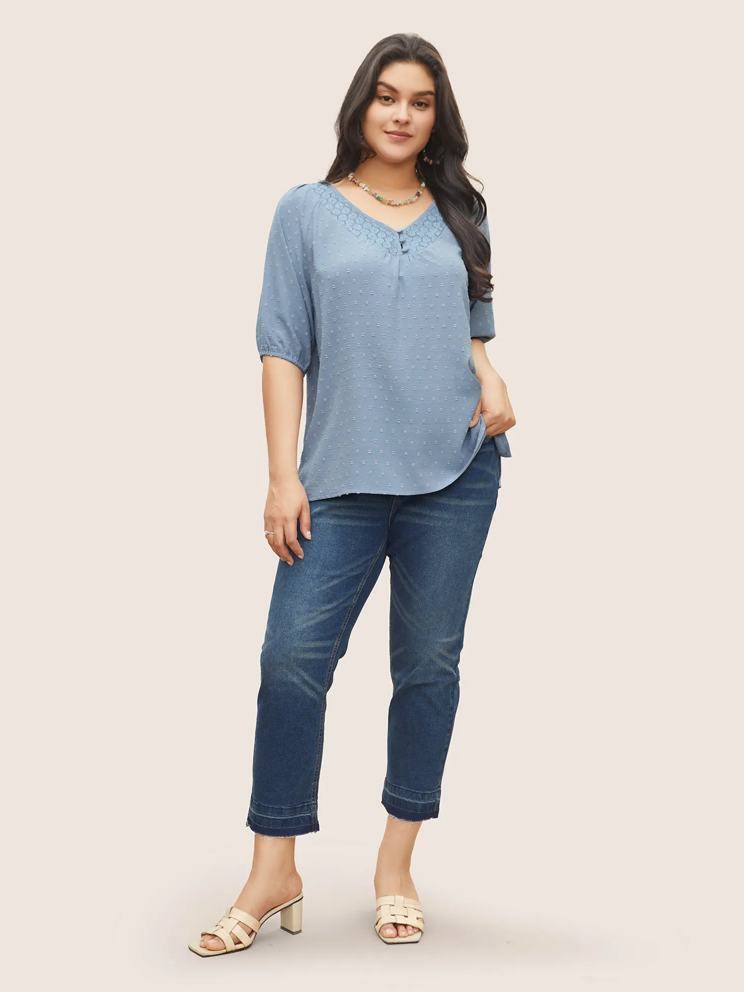 Plain Texture Lace Patchwork Lantern Sleeve Blouse sold by Bloomchic product image thumbnail 2