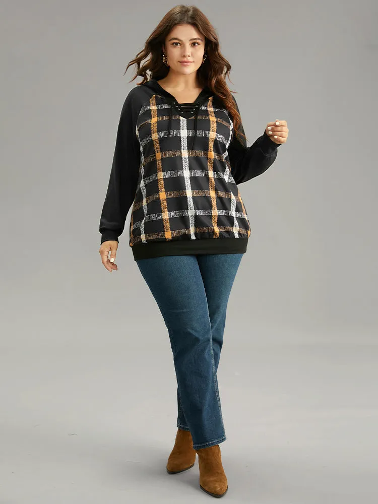Plaid Contrast Raglan Sleeve Lace Up Hooded Sweatshirt sold by Bloomchic product image thumbnail 4