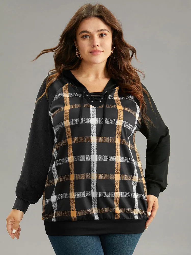 Plaid Contrast Raglan Sleeve Lace Up Hooded Sweatshirt sold by Bloomchic