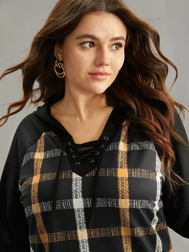 Plaid Contrast Raglan Sleeve Lace Up Hooded Sweatshirt sold by Bloomchic product image thumbnail 5