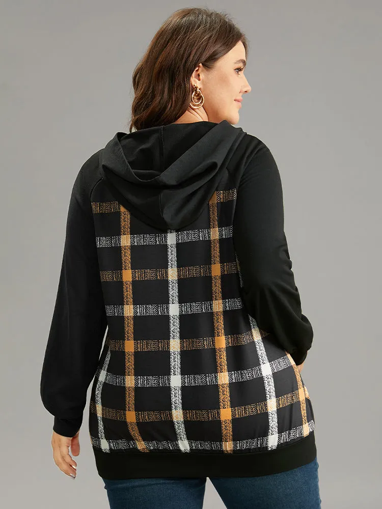 Plaid Contrast Raglan Sleeve Lace Up Hooded Sweatshirt sold by Bloomchic product image thumbnail 2