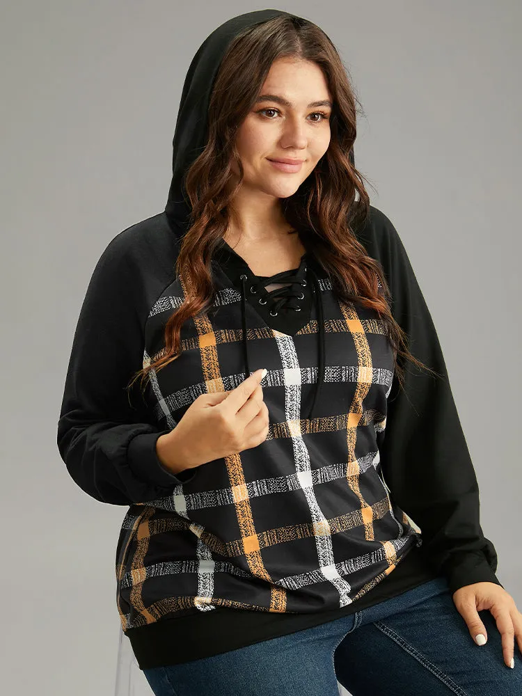 Plaid Contrast Raglan Sleeve Lace Up Hooded Sweatshirt sold by Bloomchic product image thumbnail 3