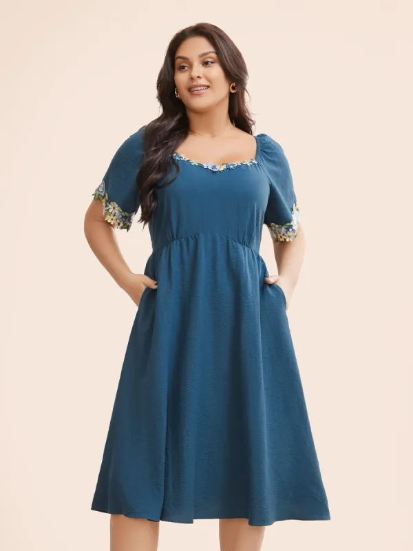 Floral Embroidered Heart Neckline Gathered Dress sold by Bloomchic