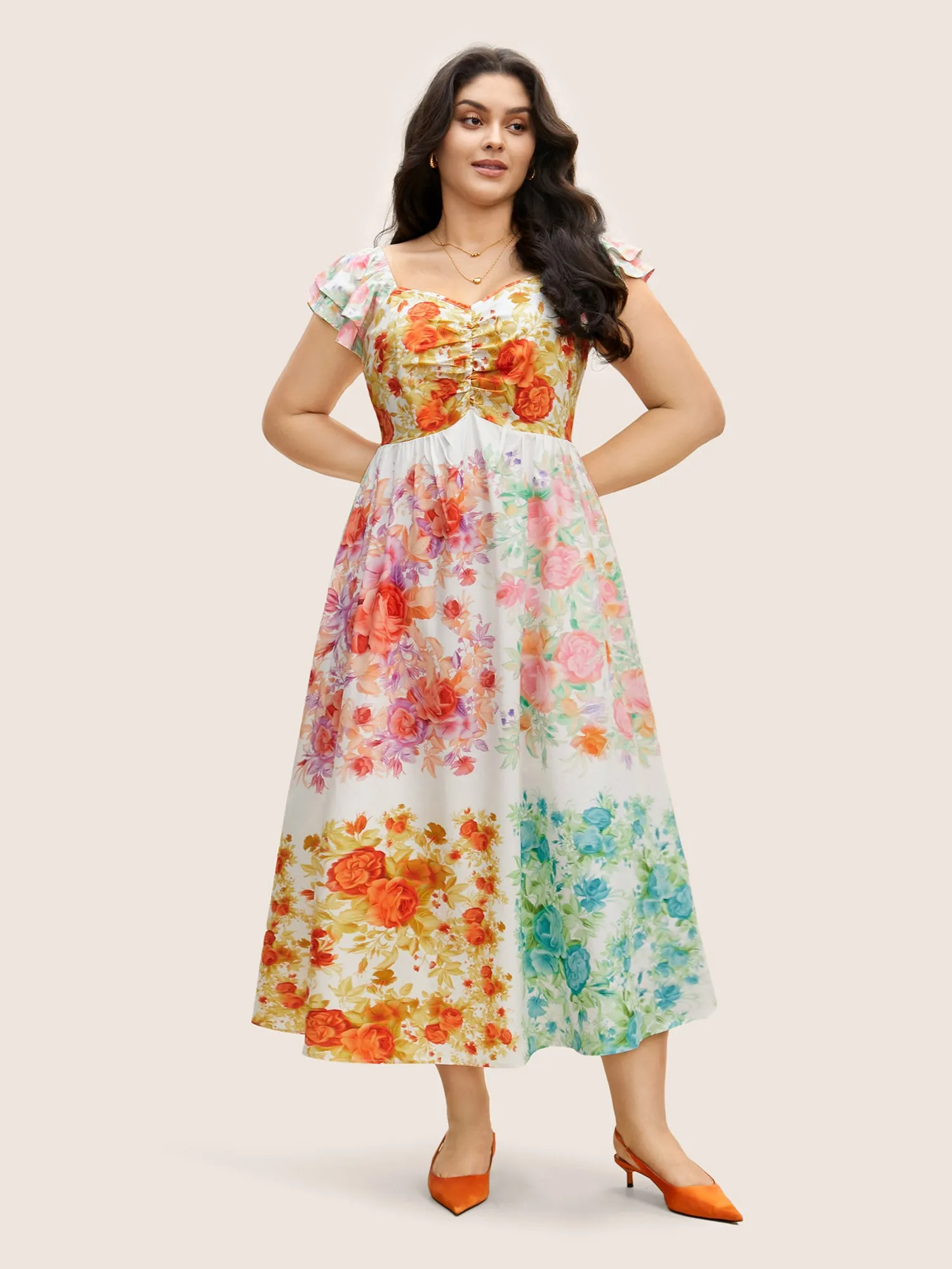 Patchwork Floral Tiered Ruffle Sleeve Dress sold by Bloomchic
