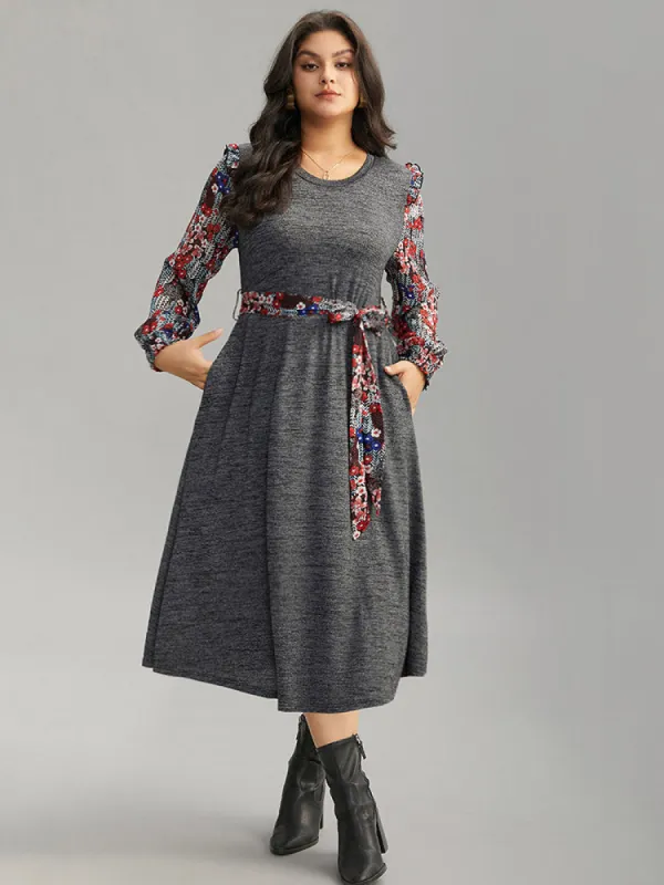 Ditsy Floral Patchwork Ruffle Trim Belted Dress sold by Bloomchic