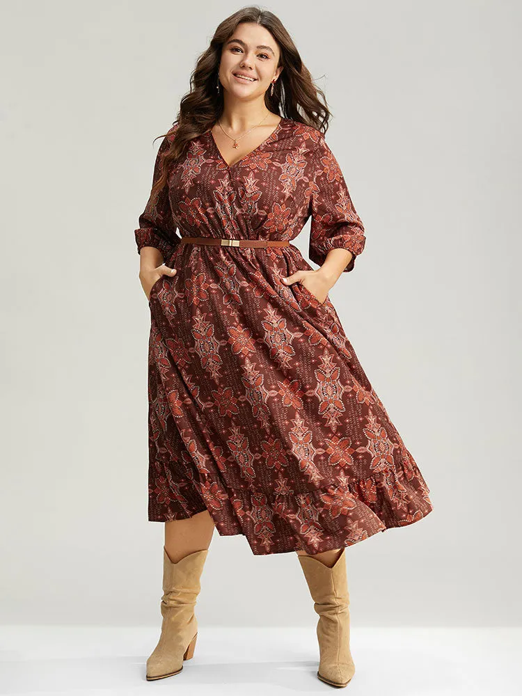 Christmas Boho Print Wrap Ruffle Layered Hem Dress sold by Bloomchic product image thumbnail 4
