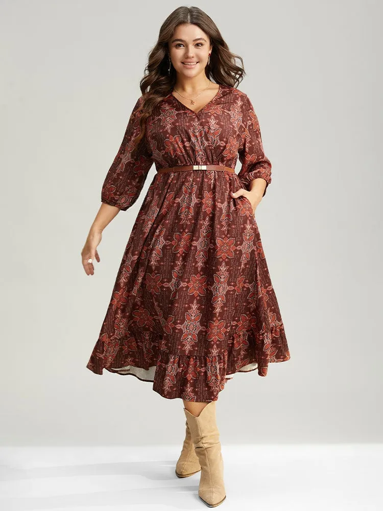 Christmas Boho Print Wrap Ruffle Layered Hem Dress sold by Bloomchic