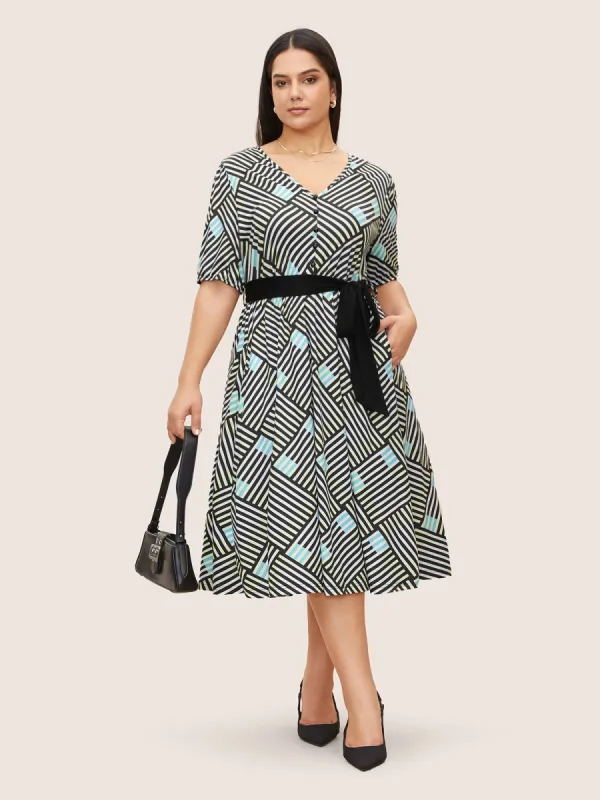 V Neck Geometric Striped Button Detail Dress sold by Bloomchic