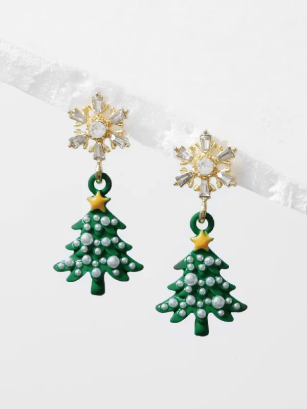925 Silver Needle Snowflake Contrast Christmas Tree Earrings sold by Bloomchic