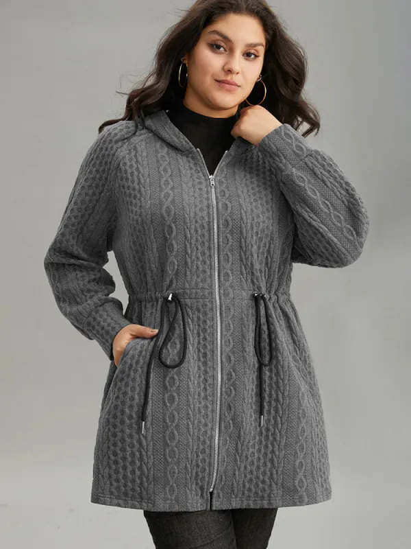 Cable Knit Zipper Hooded Drawstring Coat sold by Bloomchic