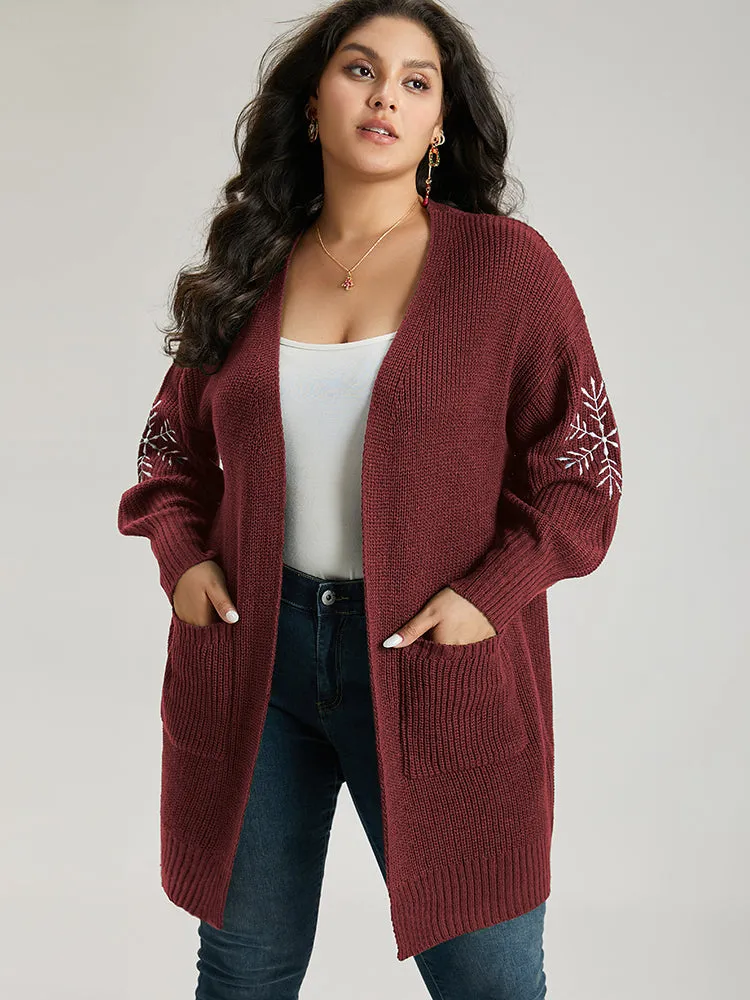 Snowflake Embroidered Patched Pocket Cardigan sold by Bloomchic