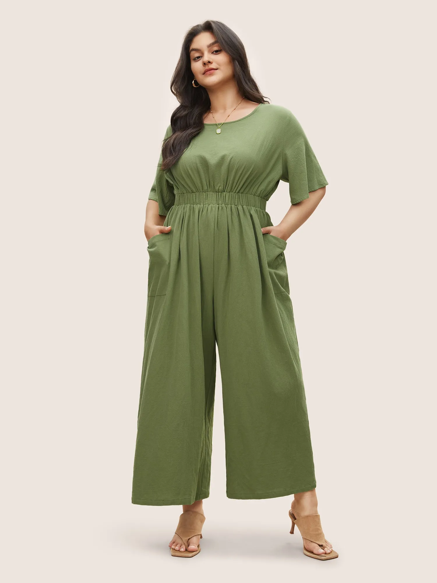Solid Elastic Waist Patched Pocket Jumpsuit sold by Bloomchic