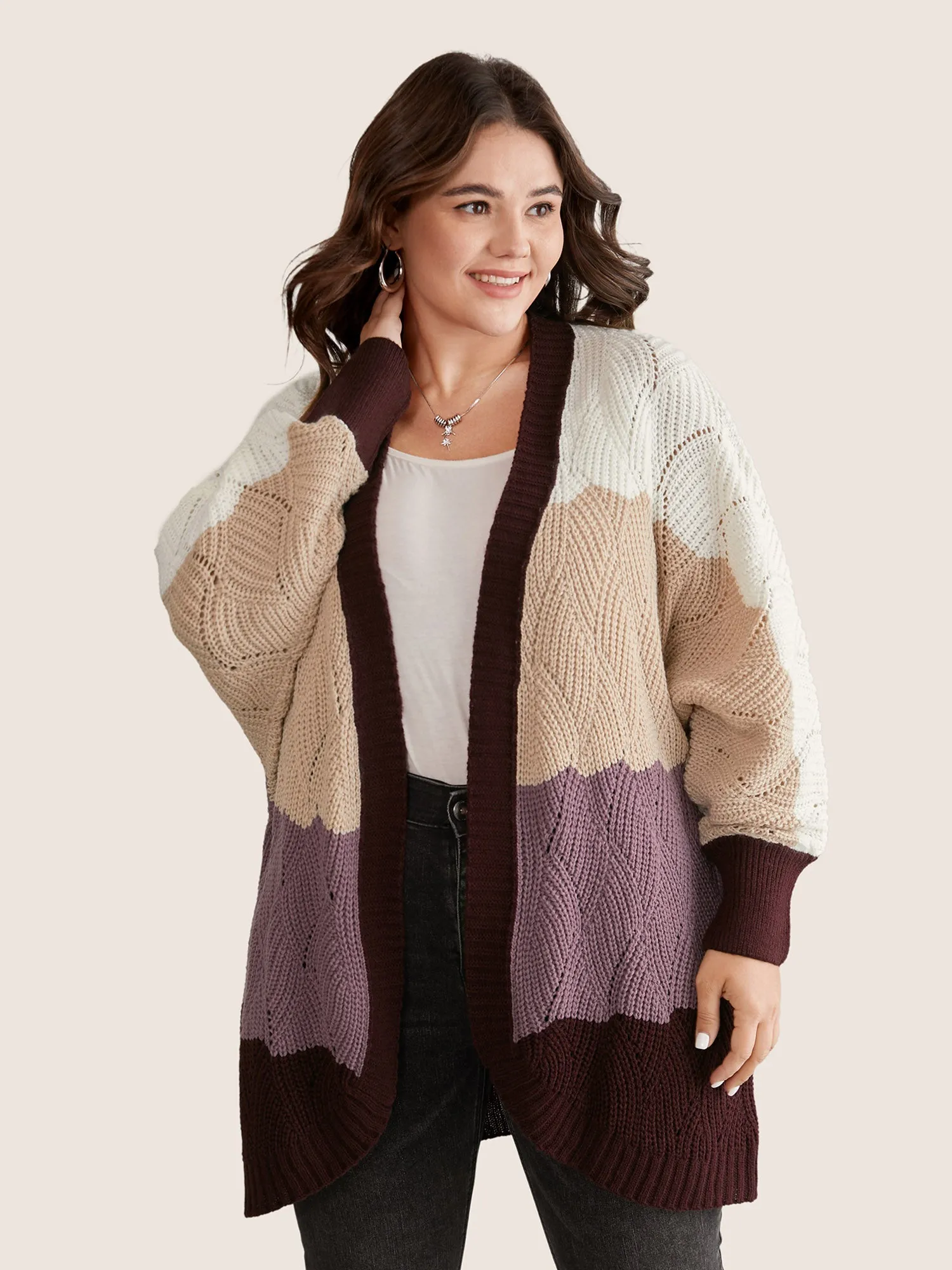 Colorblock Contrast Texture Dolman Sleeve Cardigan sold by Bloomchic